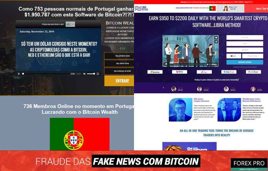 Fraude fake news Bitcoin com os sites Bitcoin Wealth e Libra Method Facebook